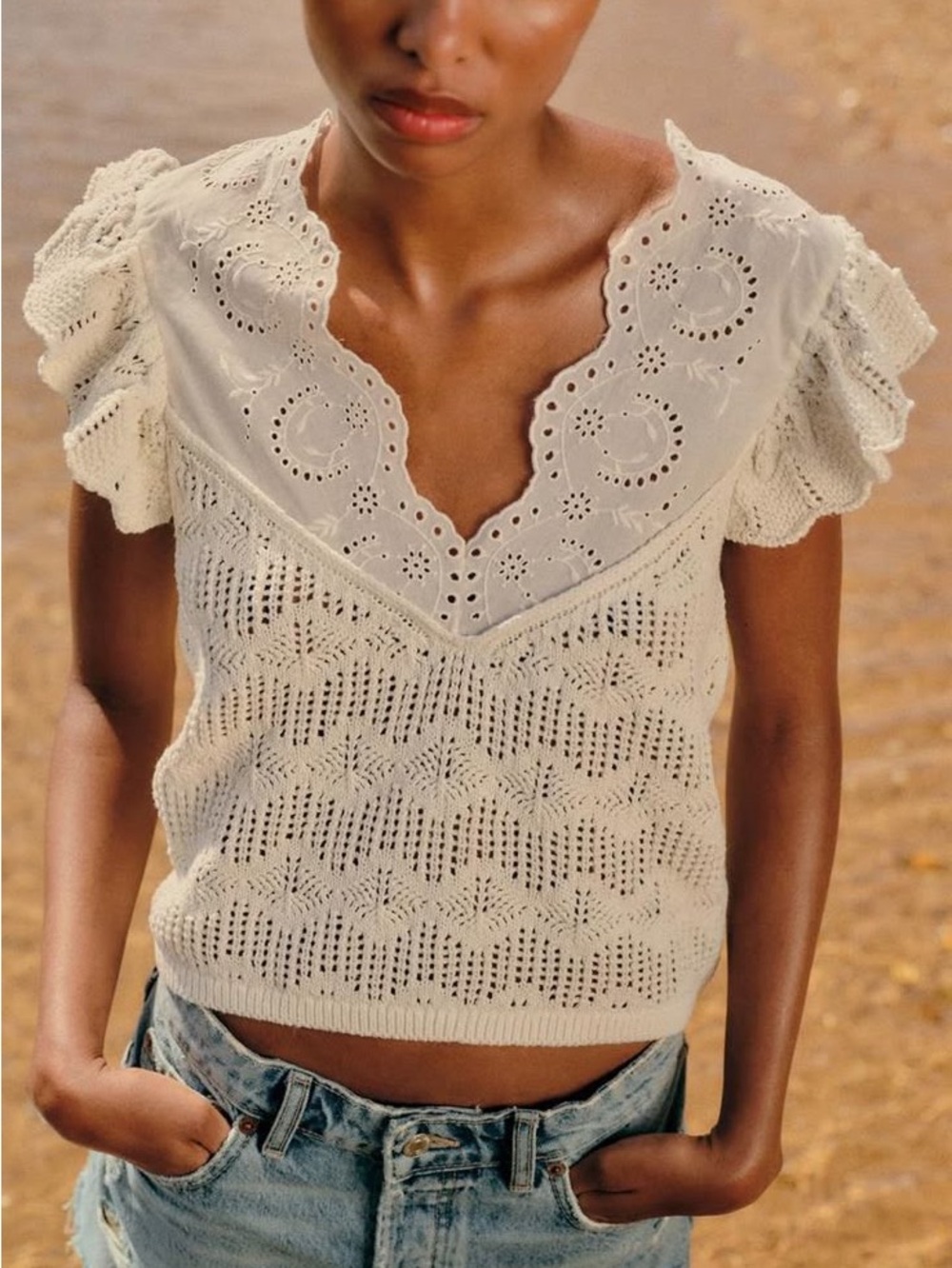 Zara Cream Crochet Eyelet Knit Tank Top